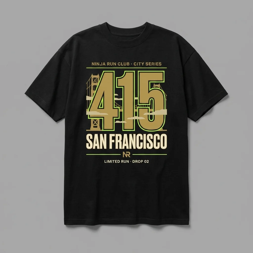 San Francisco 415 Drop 02 black oversized running t-shirt with giant 49ers gold numerals, the Golden Gate and fog bands and house-green accents