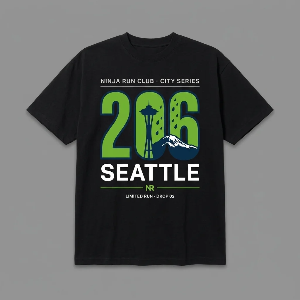 Seattle 206 Drop 02 black oversized running t-shirt with giant action green numerals, the Space Needle, Rainier and raindrops and house-green accents