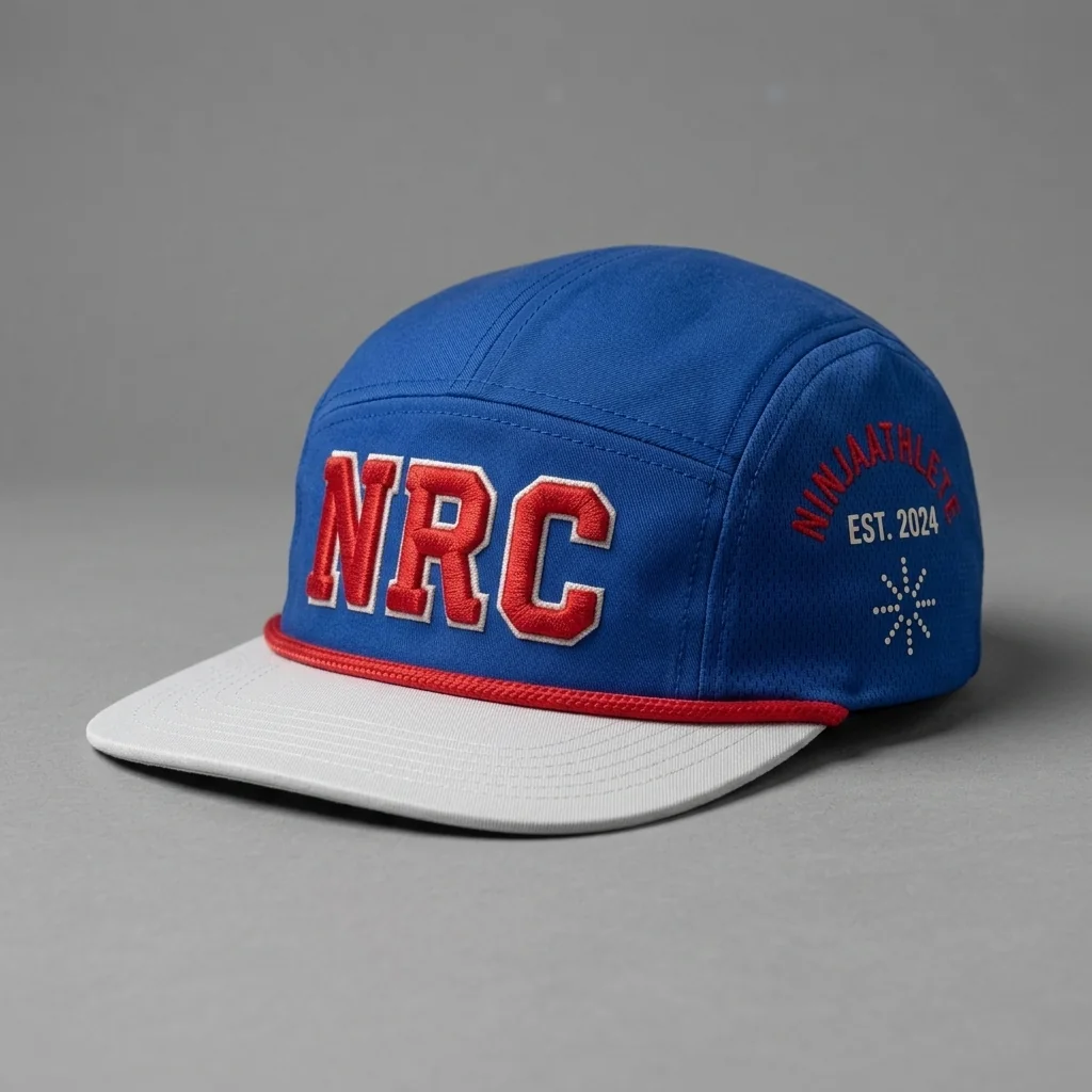 Royal / White / Red Arlington premium five-panel running cap with chenille NRC front, shown with the matching stadium royal garment-dyed tee