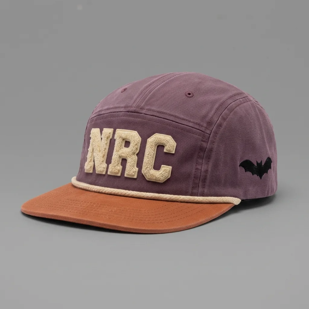 Plum / Burnt Orange / Cream Austin premium five-panel running cap with chenille NRC front, shown with the matching faded plum garment-dyed tee