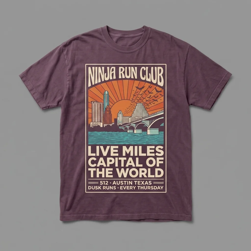 Austin 512 premium garment-dyed faded plum oversized running t-shirt with a gig poster front print and matching five-panel cap