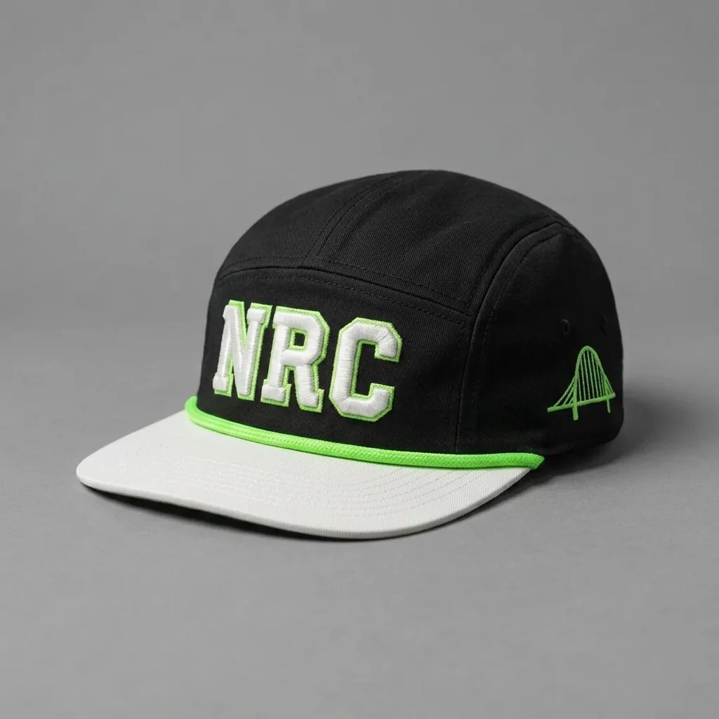 Black / White / Neon Green Charlotte premium five-panel running cap with chenille NRC front, shown with the matching checker black garment-dyed tee