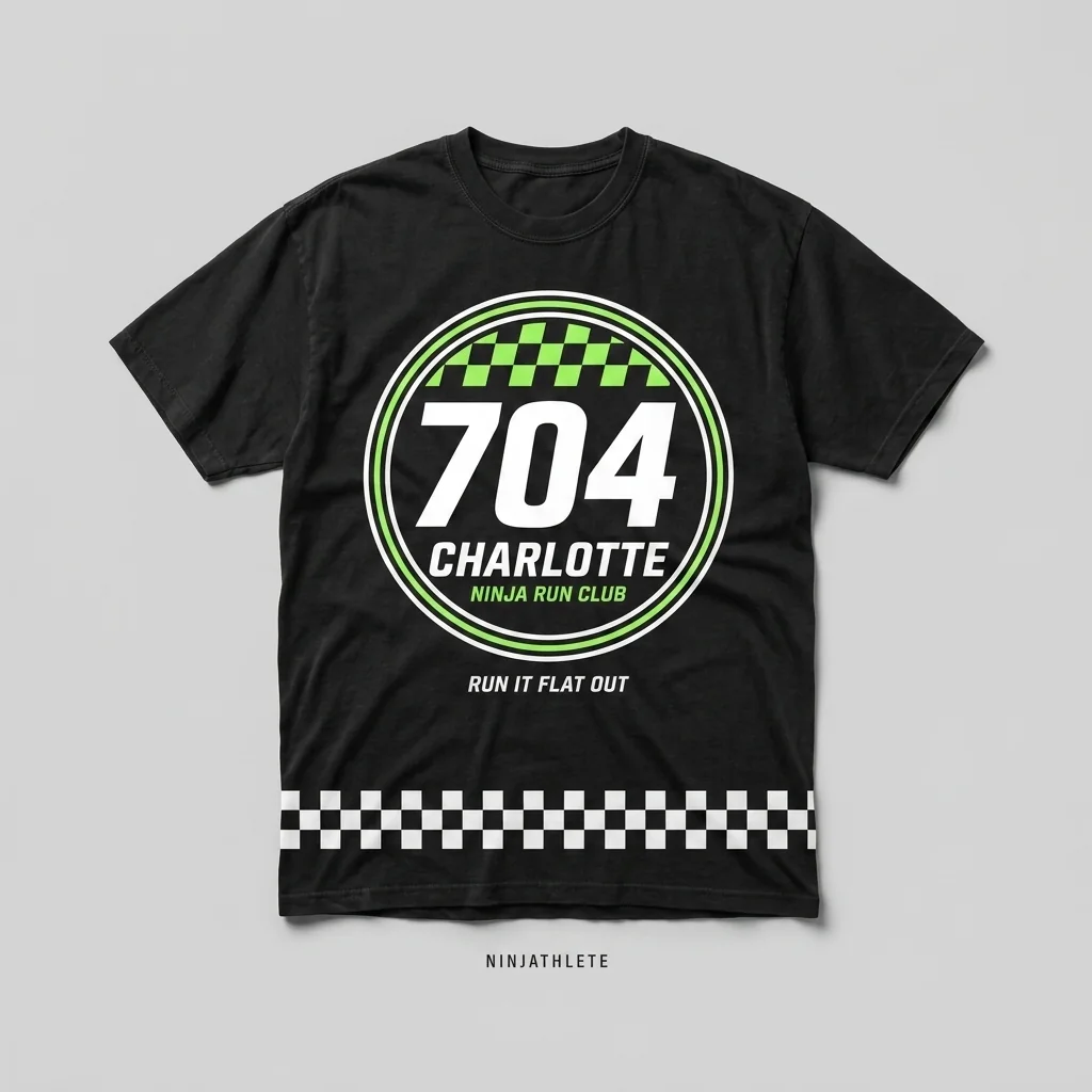 Charlotte 704 premium garment-dyed checker black oversized running t-shirt with a stock car roundel front print and matching five-panel cap