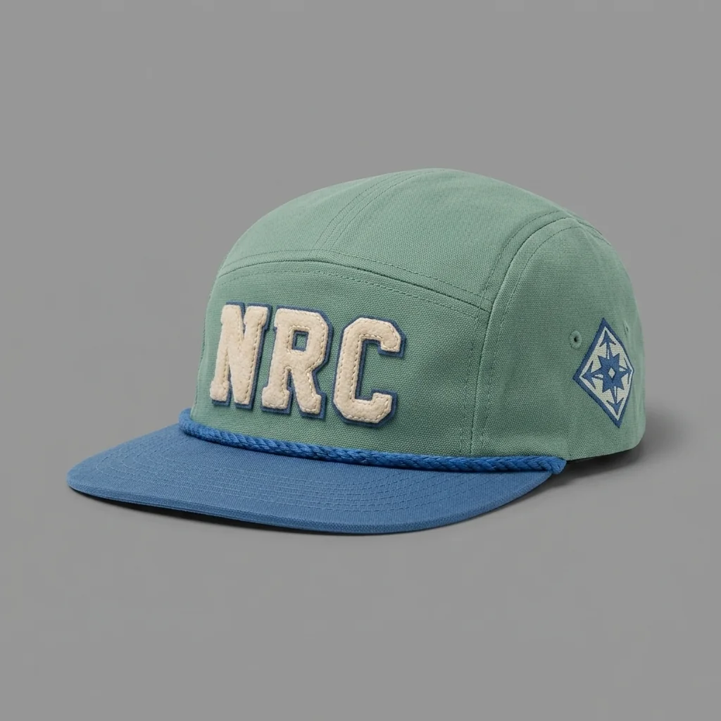 Seafoam / Navy / White Corpus Christi premium five-panel running cap with chenille NRC front, shown with the matching washed seafoam garment-dyed tee