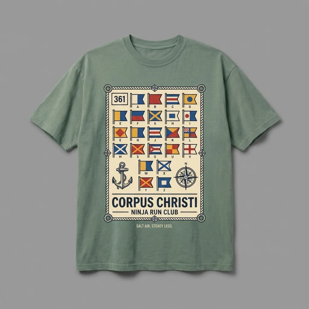 Corpus Christi 361 premium garment-dyed washed seafoam oversized running t-shirt with a signal flag chart front print and matching five-panel cap
