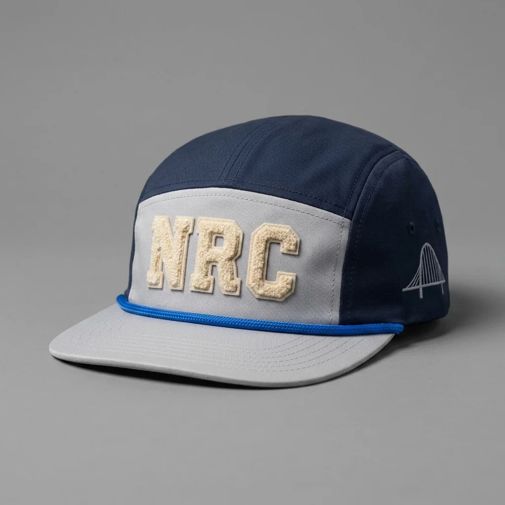 Navy / Silver / Electric Blue Dallas premium five-panel running cap with chenille NRC front, shown with the matching midnight navy garment-dyed tee