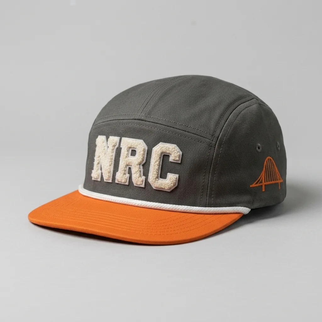 Gunmetal / Safety Orange / White Detroit premium five-panel running cap with chenille NRC front, shown with the matching gunmetal graphite garment-dyed tee
