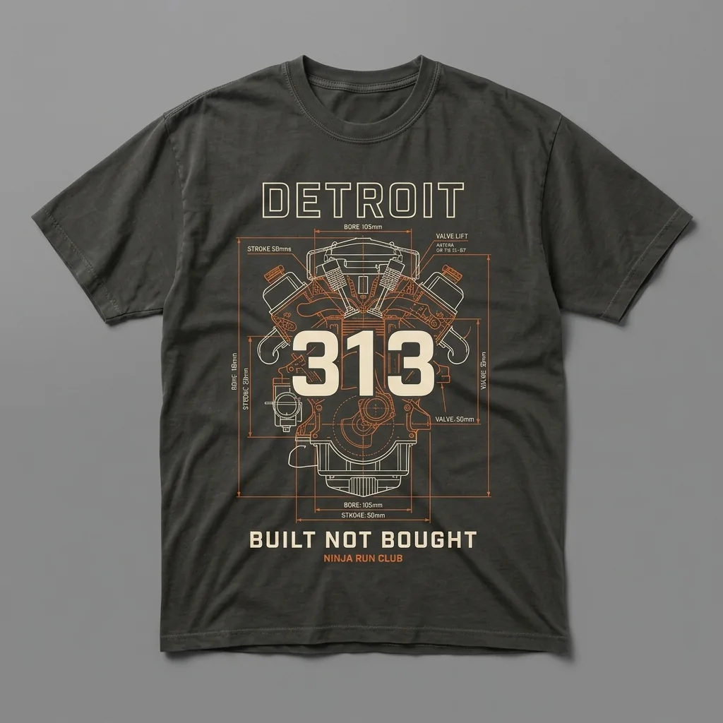 Detroit 313 premium garment-dyed gunmetal graphite oversized running t-shirt with a engine blueprint front print and matching five-panel cap