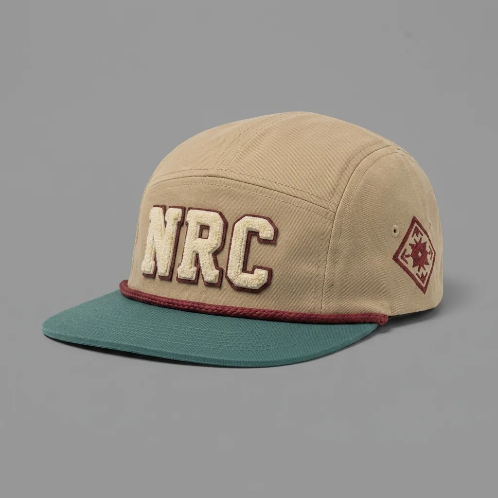 Sand / Teal / Oxblood El Paso premium five-panel running cap with chenille NRC front, shown with the matching desert sand garment-dyed tee
