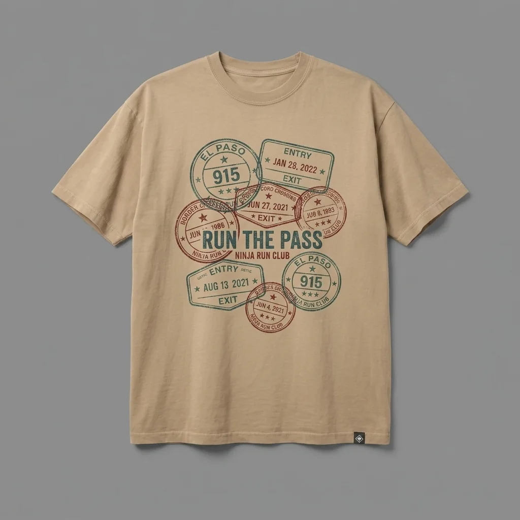 El Paso 915 premium garment-dyed desert sand oversized running t-shirt with a passport stamp front print and matching five-panel cap