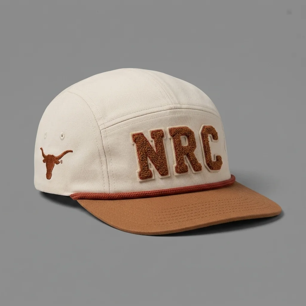 Bone / Tobacco / Red Clay Fort Worth premium five-panel running cap with chenille NRC front, shown with the matching natural bone garment-dyed tee
