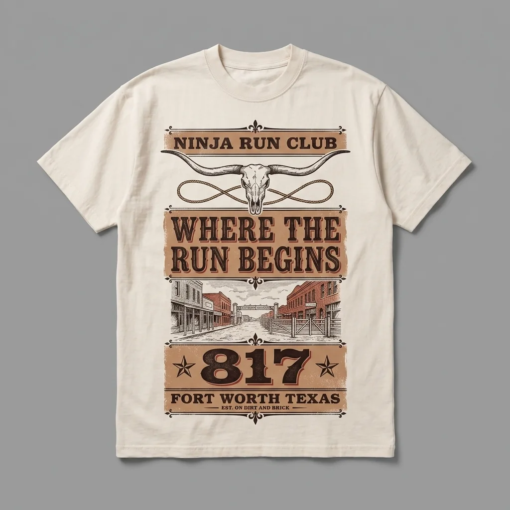 Fort Worth 817 premium garment-dyed natural bone oversized running t-shirt with a rodeo broadside front print and matching five-panel cap