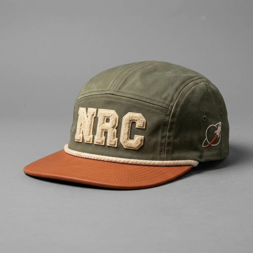 Olive / Burnt Orange / Cream Houston premium five-panel running cap with chenille NRC front, shown with the matching washed olive drab garment-dyed tee