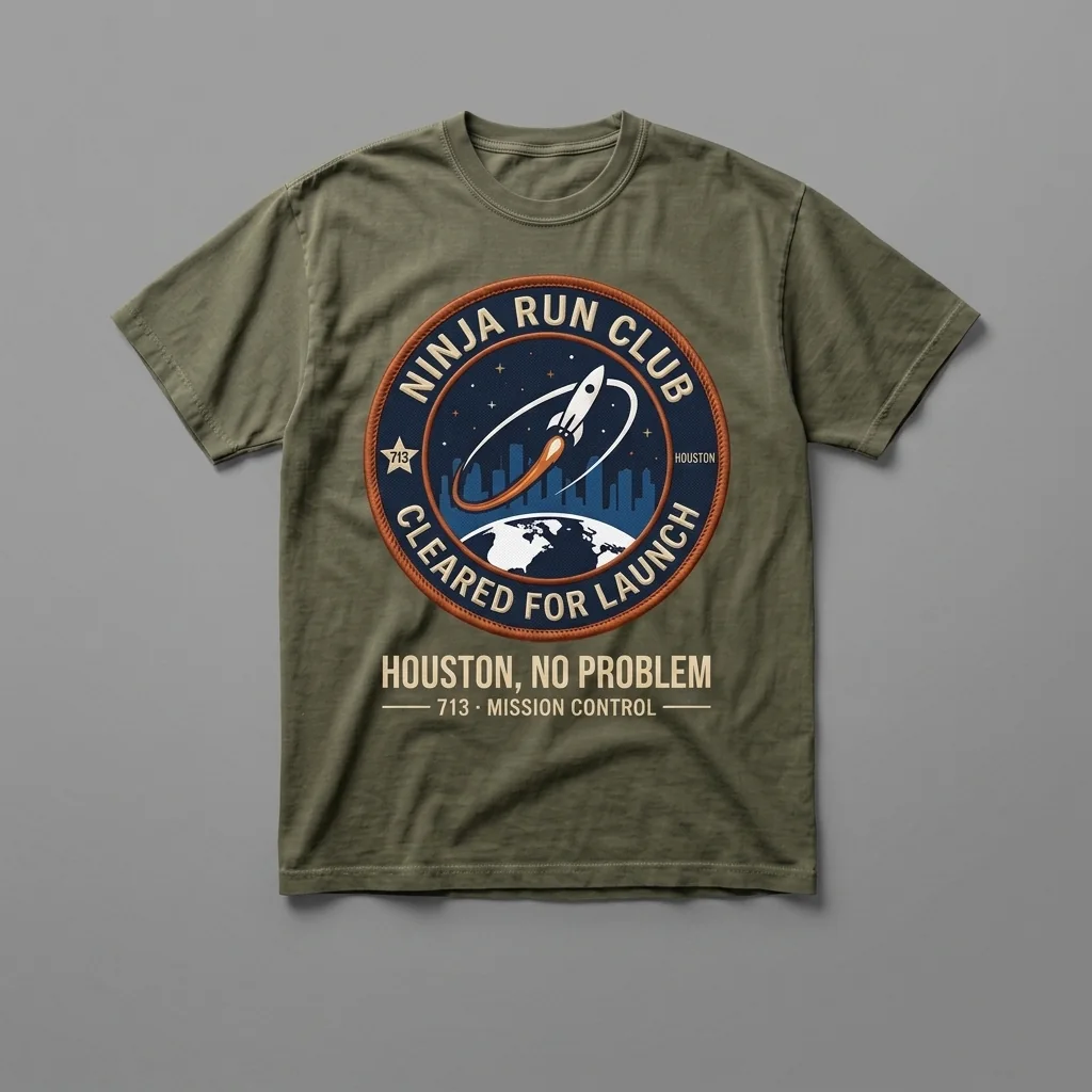 Houston 713 premium garment-dyed washed olive drab oversized running t-shirt with a mission patch front print and matching five-panel cap