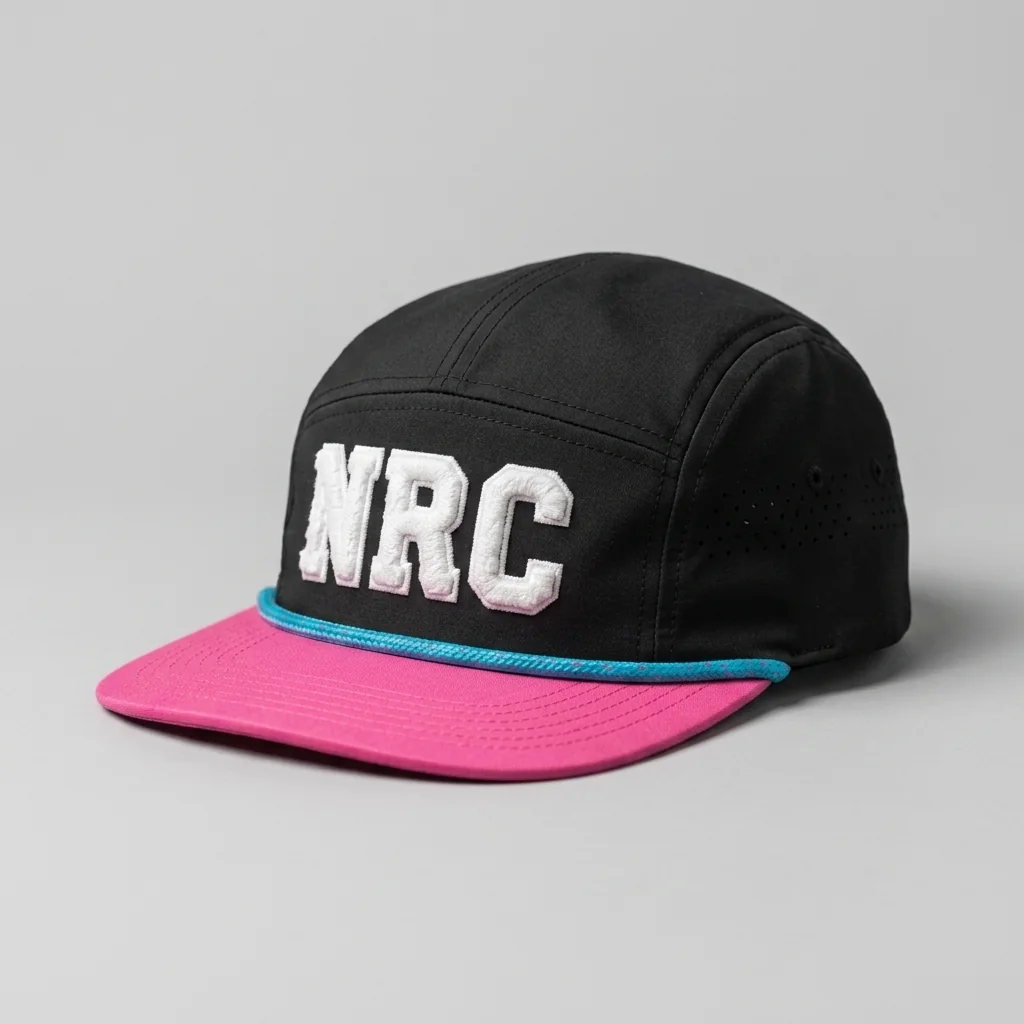 Black / Hot Pink / Cyan Las Vegas premium five-panel running cap with chenille NRC front, shown with the matching jet black garment-dyed tee
