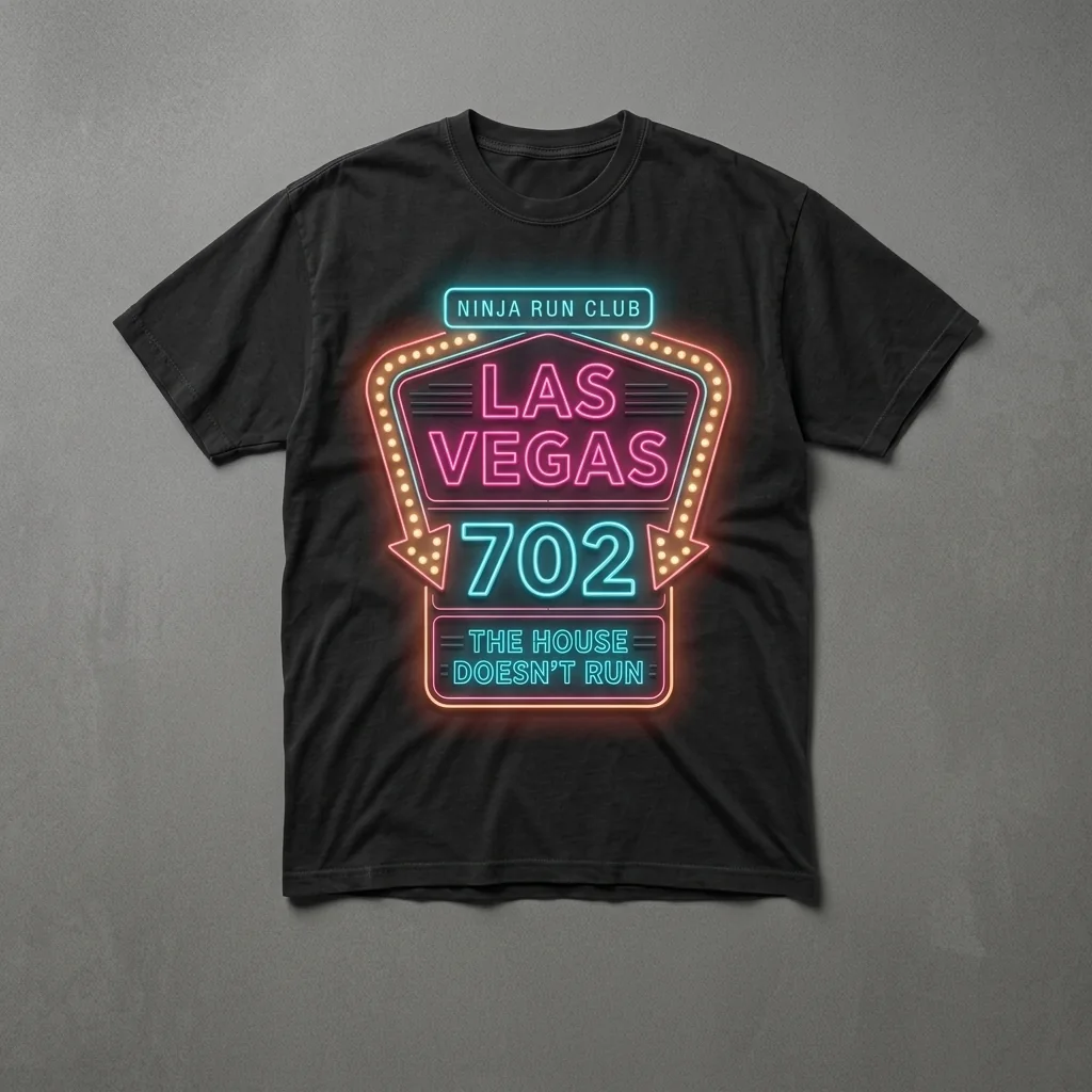 Las Vegas 702 premium garment-dyed jet black oversized running t-shirt with a neon marquee front print and matching five-panel cap