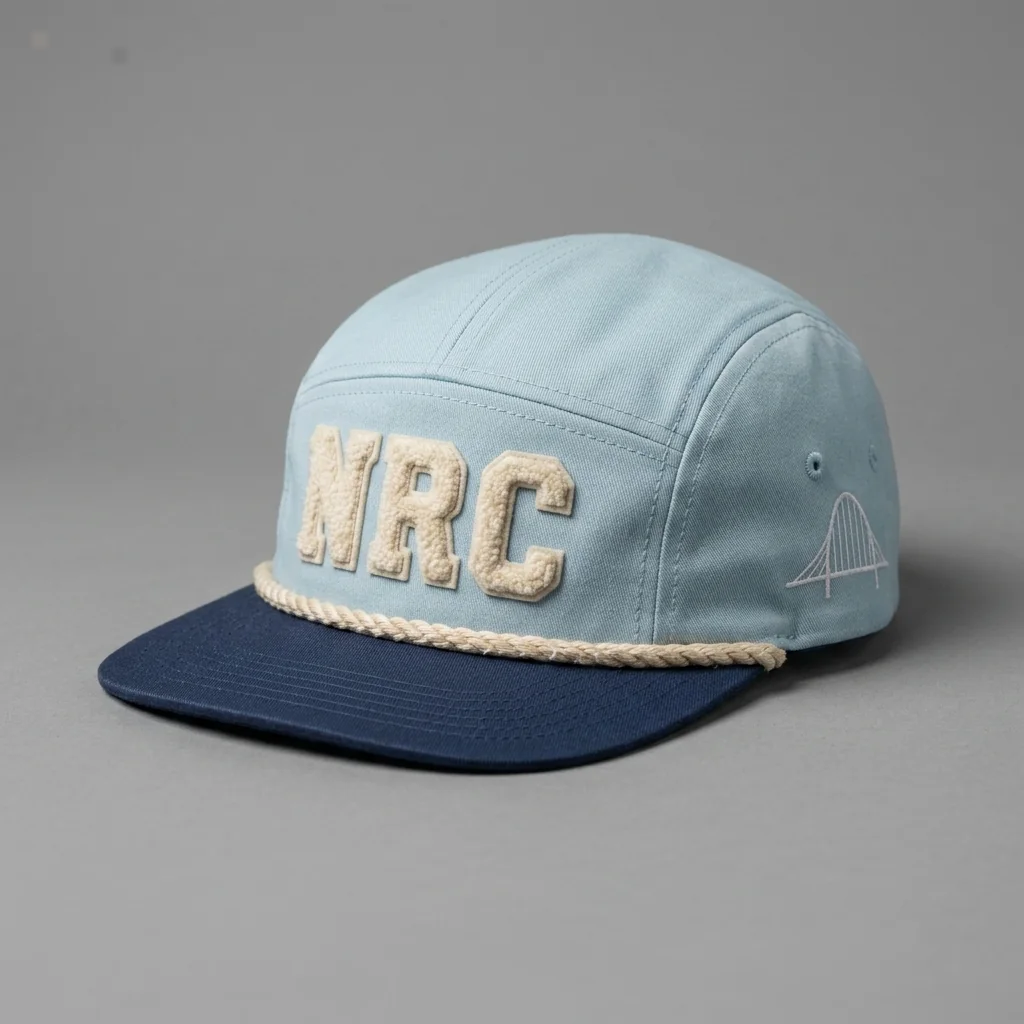 Ice Blue / Navy / Cream Minneapolis premium five-panel running cap with chenille NRC front, shown with the matching glacier ice blue garment-dyed tee