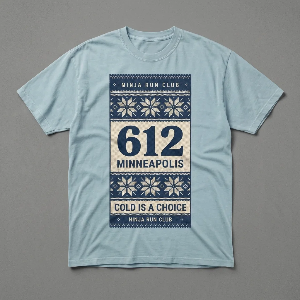 Minneapolis 612 premium garment-dyed glacier ice blue oversized running t-shirt with a fair-isle knit front print and matching five-panel cap
