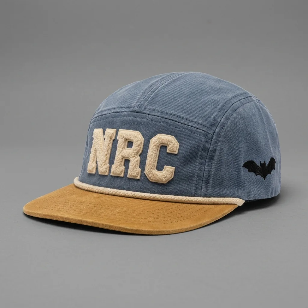 Denim / Gold / Cream Nashville premium five-panel running cap with chenille NRC front, shown with the matching faded denim garment-dyed tee