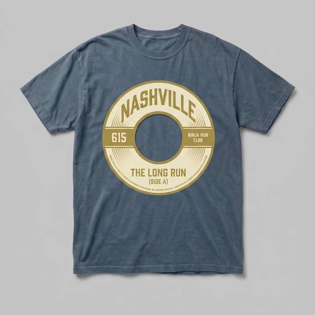 Nashville 615 premium garment-dyed faded denim oversized running t-shirt with a 45 rpm label front print and matching five-panel cap