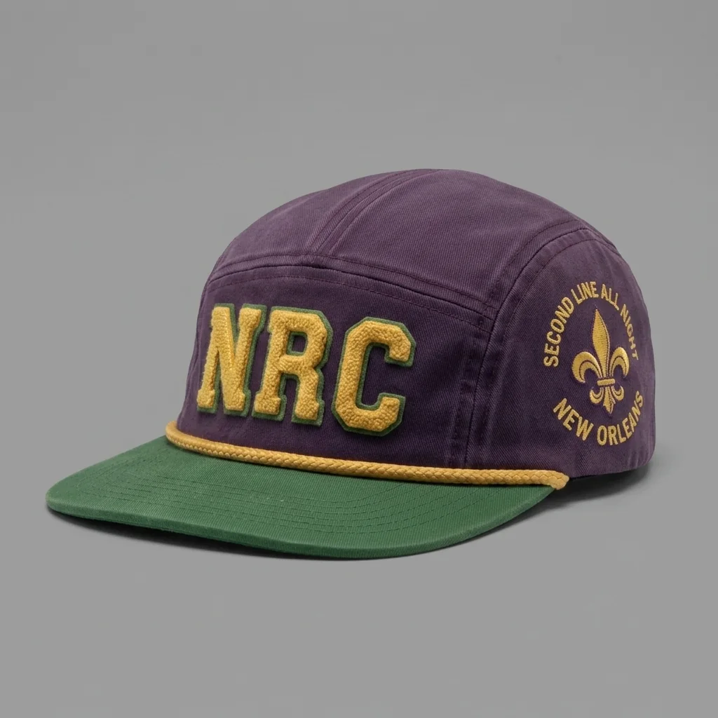 Aubergine / Green / Gold New Orleans premium five-panel running cap with chenille NRC front, shown with the matching deep aubergine garment-dyed tee