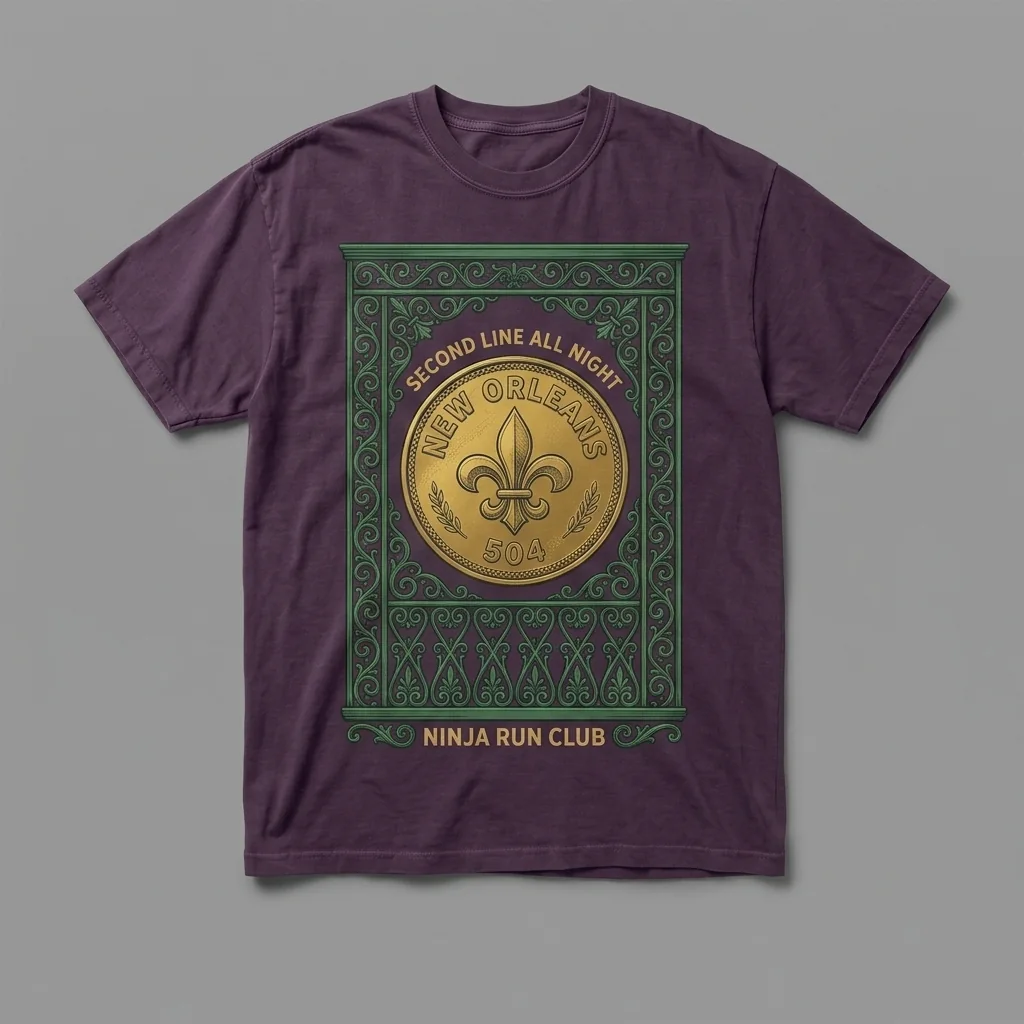 New Orleans 504 premium garment-dyed deep aubergine oversized running t-shirt with a balcony doubloon front print and matching five-panel cap