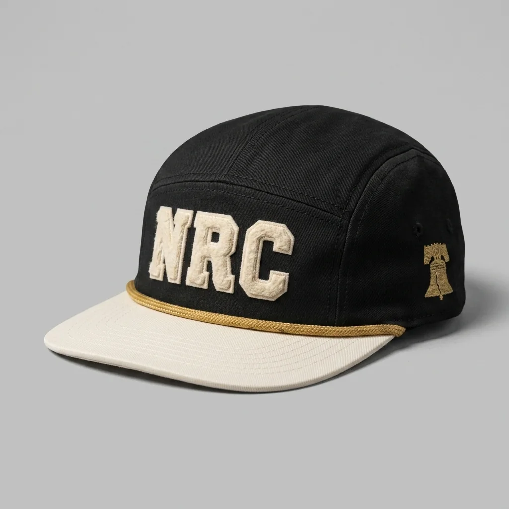 Black / Cream / Bell Gold Philadelphia premium five-panel running cap with chenille NRC front, shown with the matching vintage black garment-dyed tee