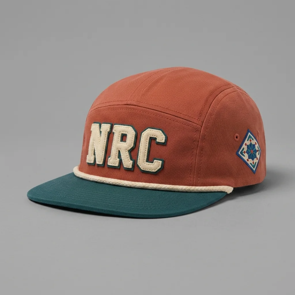 Adobe / Cactus Green / Cream Phoenix premium five-panel running cap with chenille NRC front, shown with the matching adobe dust garment-dyed tee