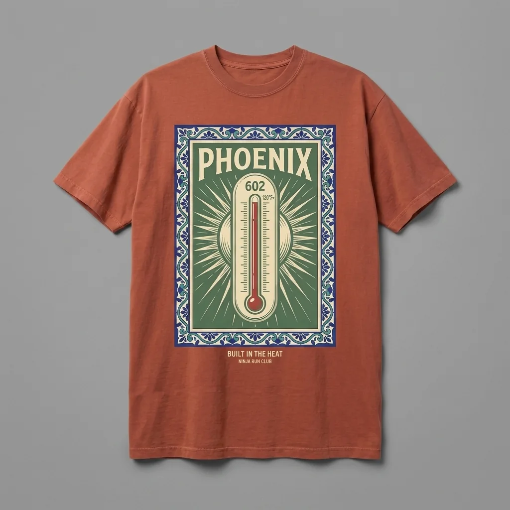 Phoenix 602 premium garment-dyed adobe dust oversized running t-shirt with a thermometer gauge front print and matching five-panel cap