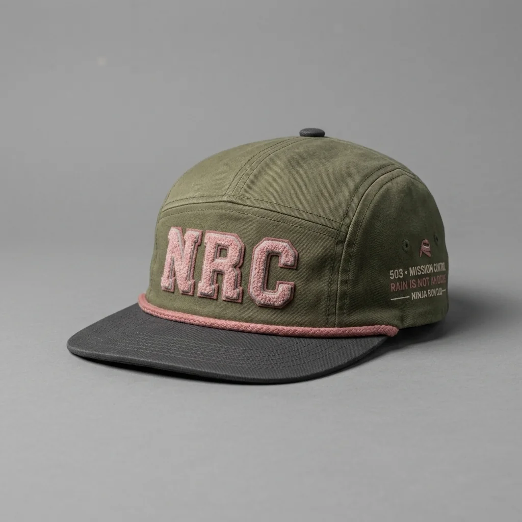 Moss / Charcoal / Rose Portland premium five-panel running cap with chenille NRC front, shown with the matching moss green garment-dyed tee