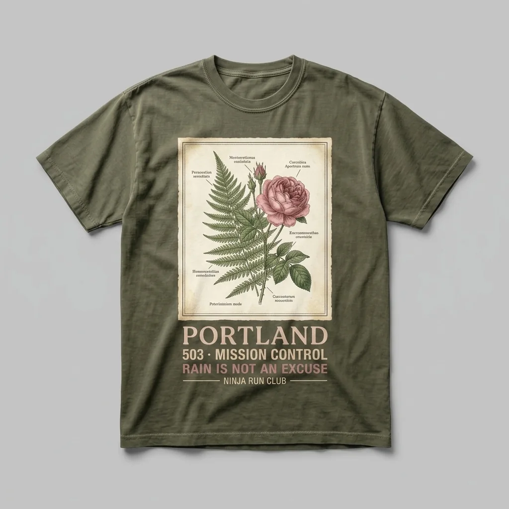 Portland 503 premium garment-dyed moss green oversized running t-shirt with a botanical plate front print and matching five-panel cap