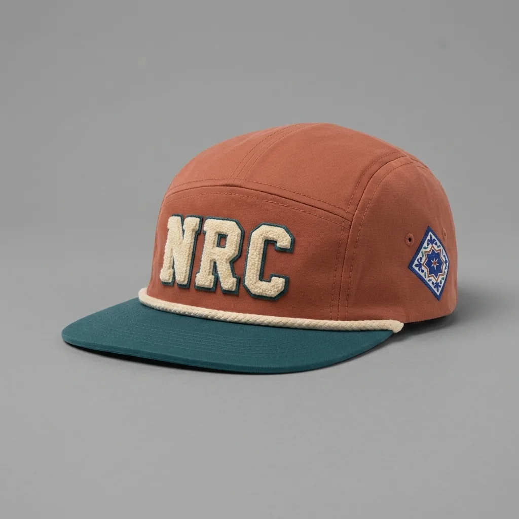 Clay / Teal / Cream San Antonio premium five-panel running cap with chenille NRC front, shown with the matching clay terracotta garment-dyed tee