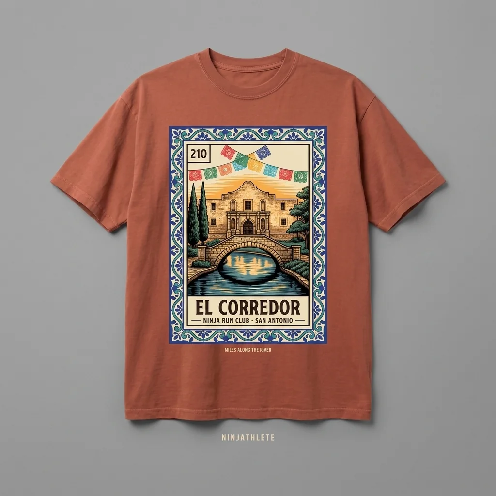 San Antonio 210 premium garment-dyed clay terracotta oversized running t-shirt with a loteria card front print and matching five-panel cap