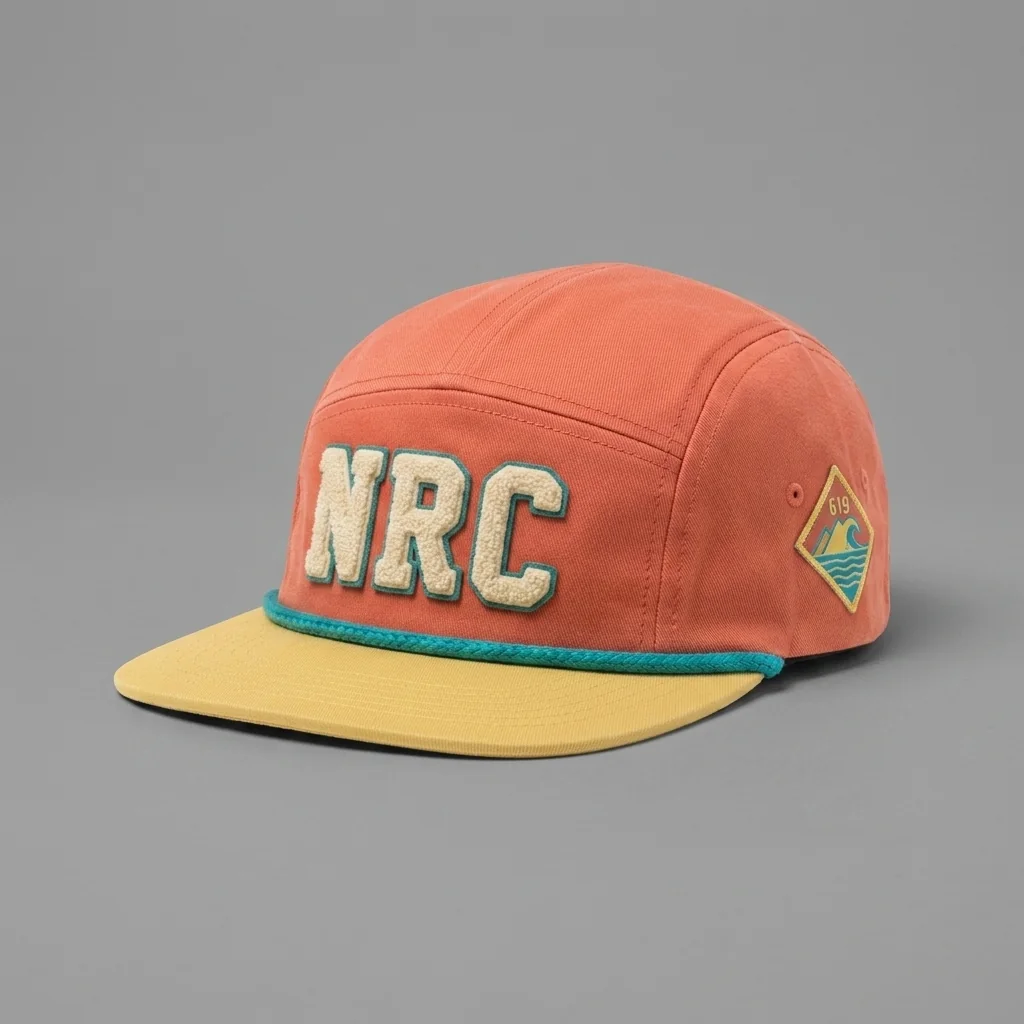 Coral / Butter Yellow / Turquoise San Diego premium five-panel running cap with chenille NRC front, shown with the matching sun-bleached coral garment-dyed tee