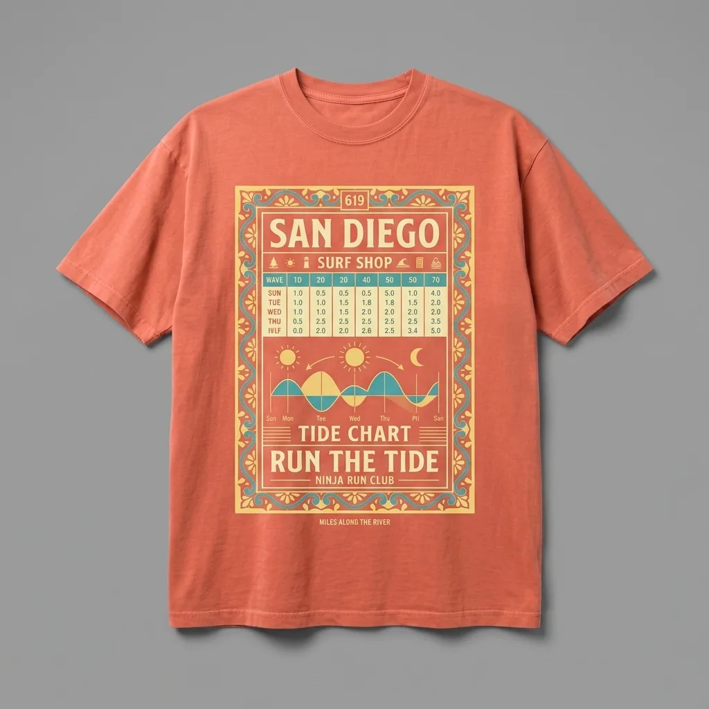 San Diego 619 premium garment-dyed sun-bleached coral oversized running t-shirt with a tide chart front print and matching five-panel cap