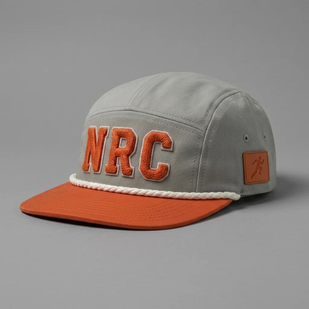 Fog / International Orange / White San Francisco premium five-panel running cap with chenille NRC front, shown with the matching fog grey garment-dyed tee