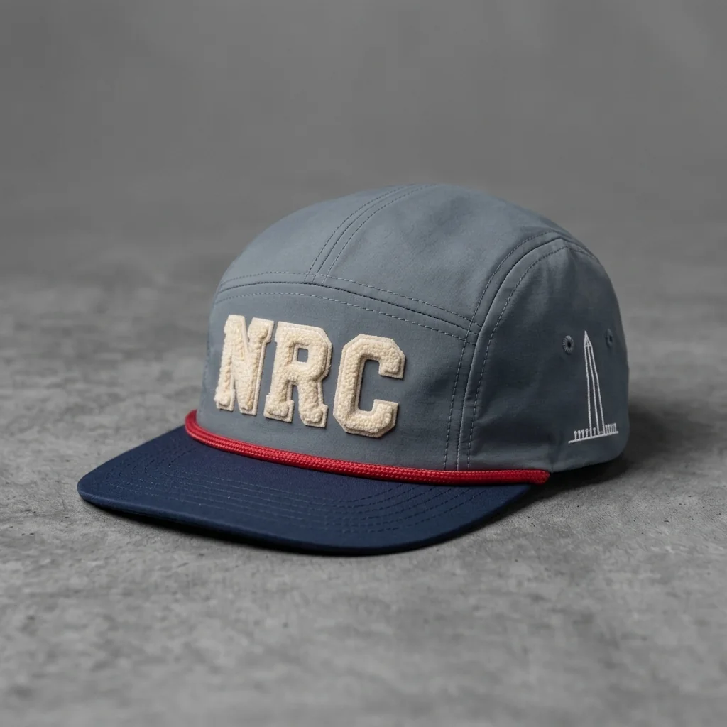 Slate / Navy / Cherry Washington DC premium five-panel running cap with chenille NRC front, shown with the matching slate grey garment-dyed tee