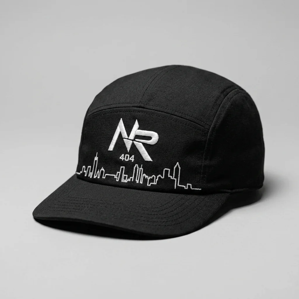 Atlanta 404 five-panel running hat with the Ninja Run Club mark and Atlanta skyline stitching