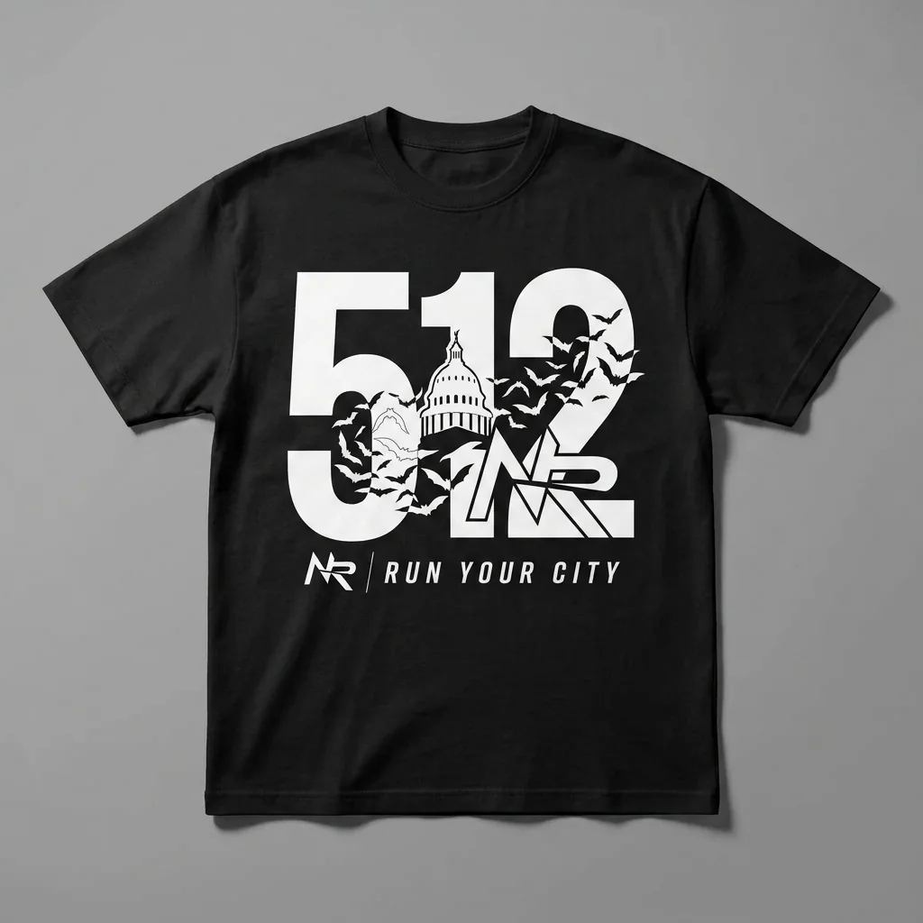 Austin 512 area-code heavyweight graphic t-shirt for runners featuring the Capitol dome and the Congress Avenue bats and the Ninja Run Club mark
