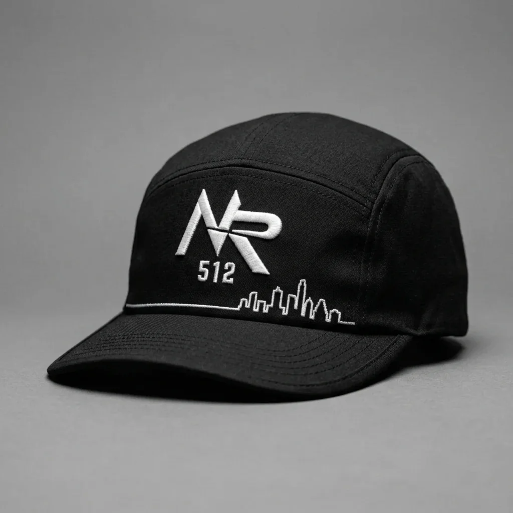 Austin 512 five-panel running hat with the Ninja Run Club mark and Austin skyline stitching