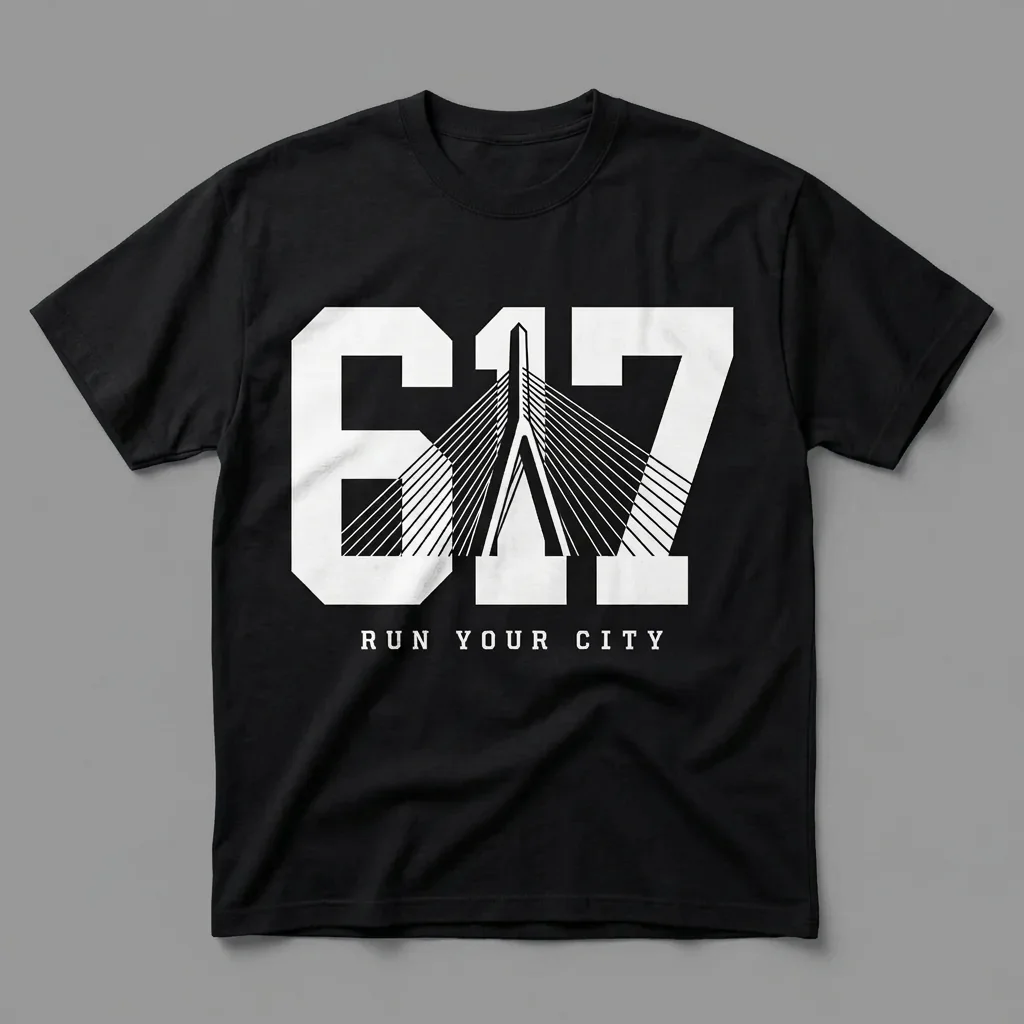 Boston 617 area-code heavyweight graphic t-shirt for runners featuring the Zakim Bridge cables and the Ninja Run Club mark