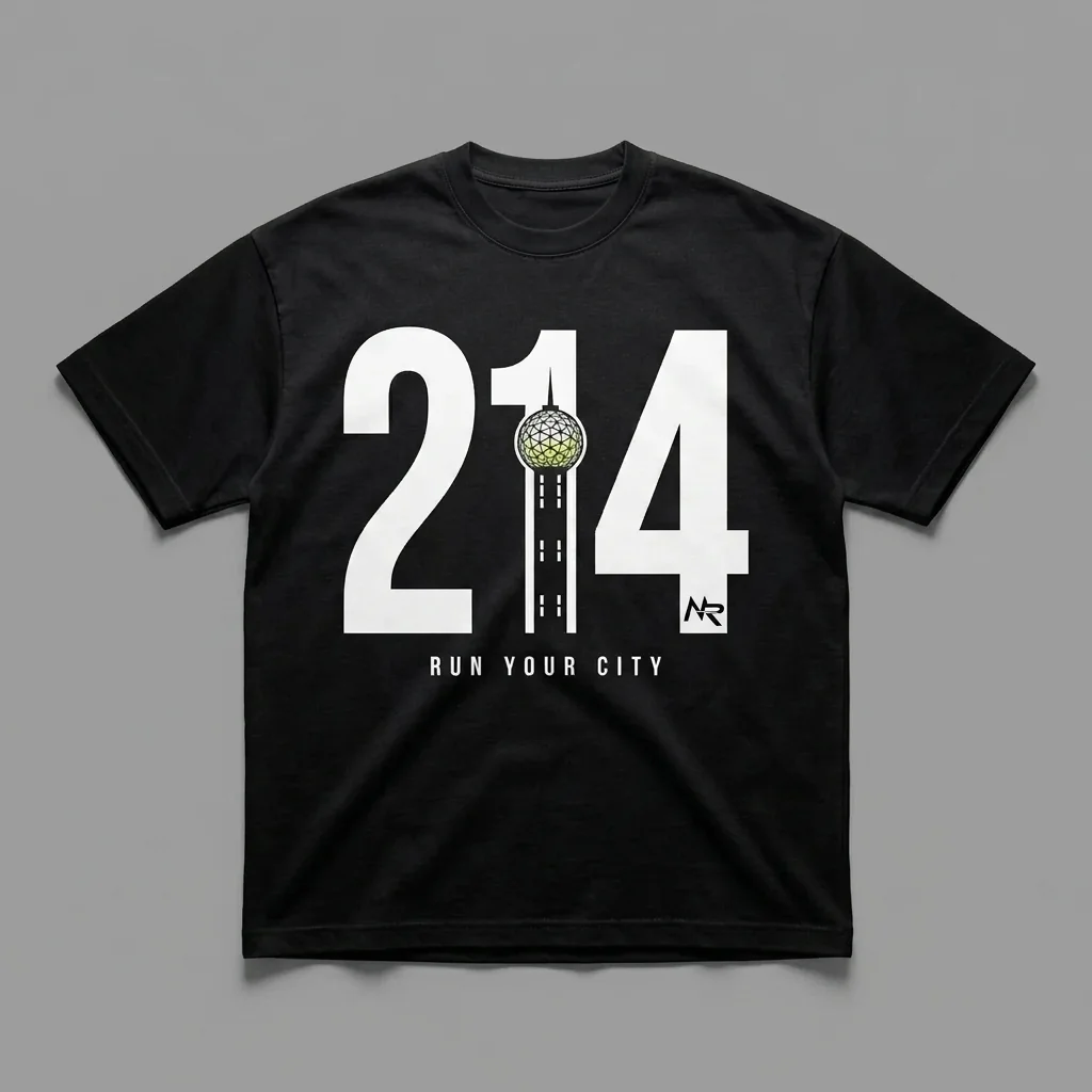 Dallas 214 area-code heavyweight graphic t-shirt for runners featuring Reunion Tower and the Ninja Run Club mark