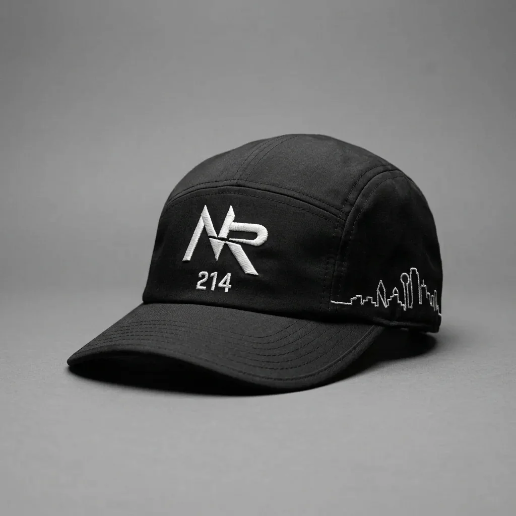 Dallas 214 five-panel running hat with the Ninja Run Club mark and Dallas skyline stitching