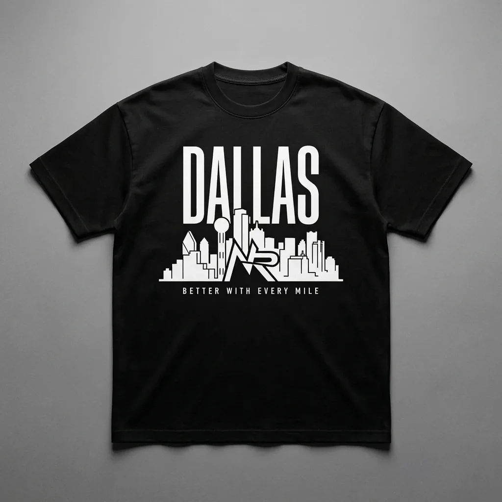Dallas skyline heavyweight graphic t-shirt for runners featuring the Ninja Run Club mark and Reunion Tower