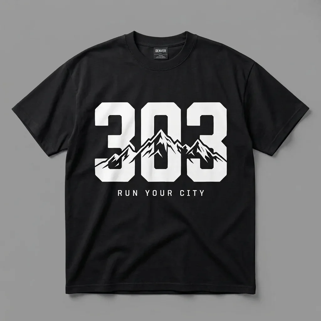 Denver 303 area-code heavyweight graphic t-shirt for runners featuring the Front Range peaks and the Ninja Run Club mark
