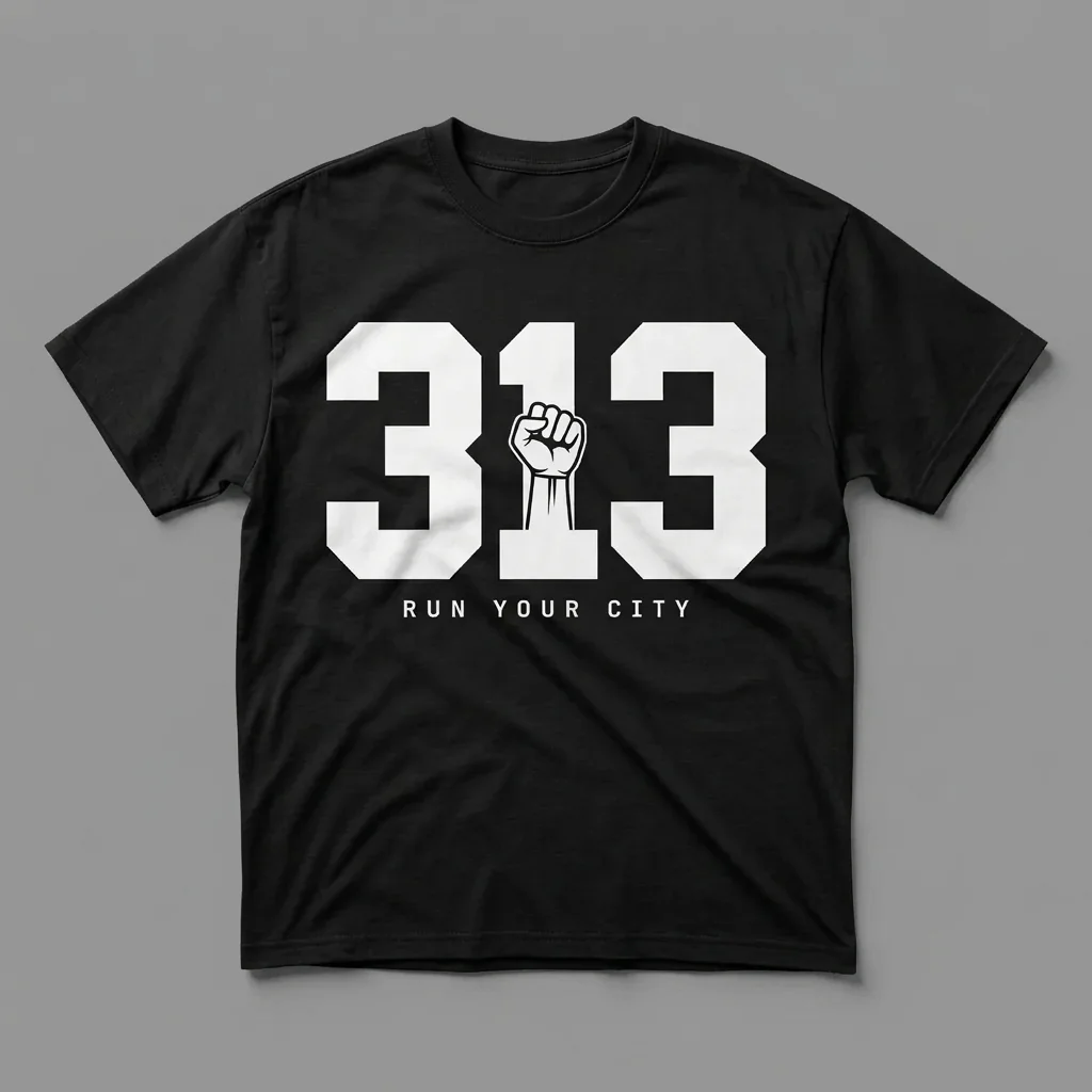 Detroit 313 area-code heavyweight graphic t-shirt for runners featuring the Spirit of Detroit fist and the Ninja Run Club mark