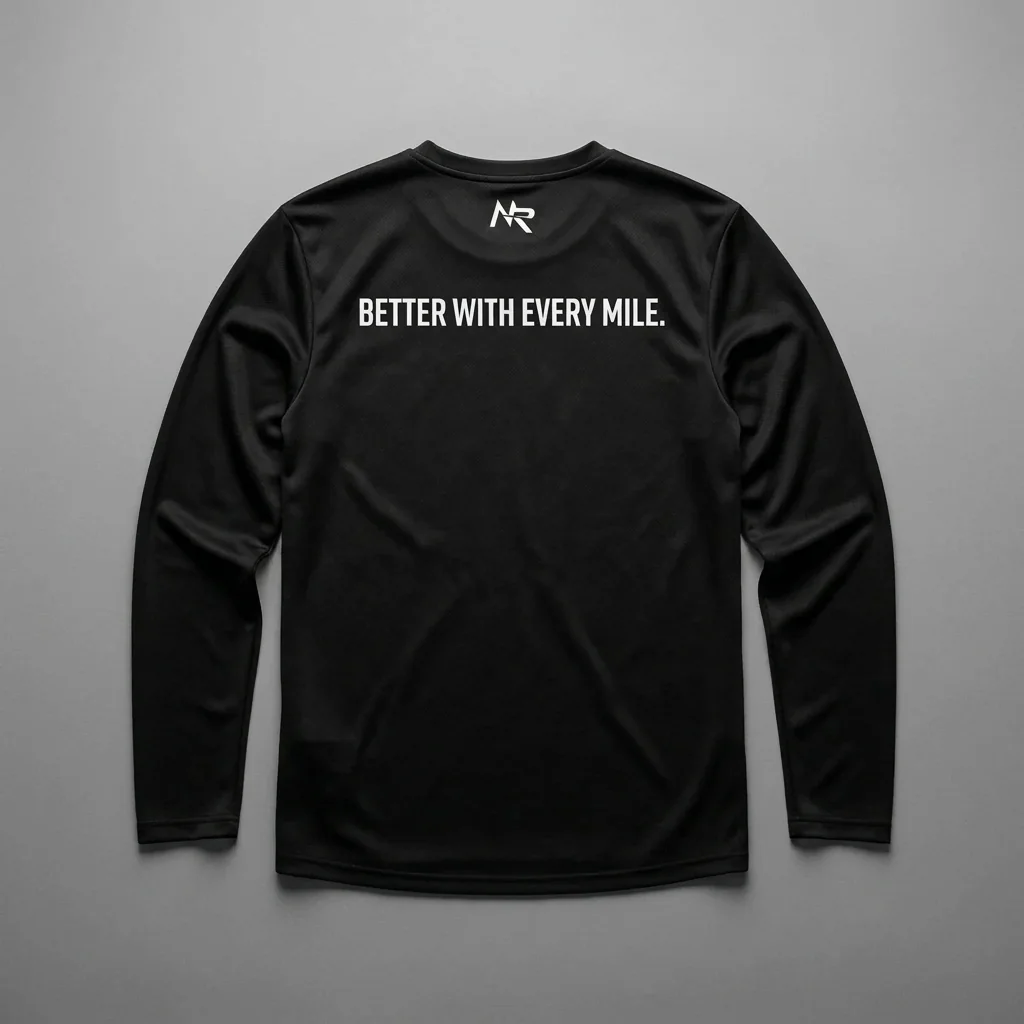 Black Every Mile long sleeve running shirt with BETTER WITH EVERY MILE printed between the shoulders