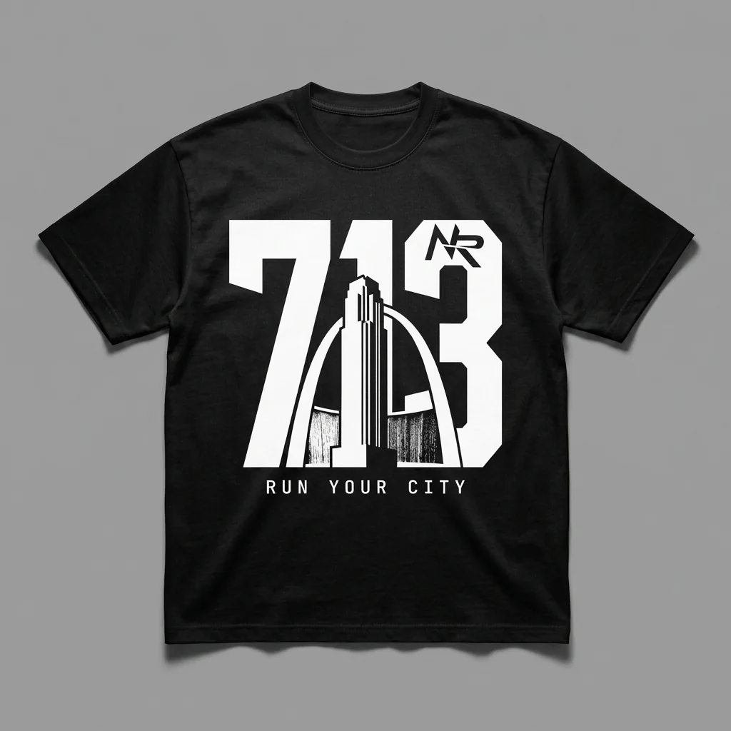 Houston 713 area-code heavyweight graphic t-shirt for runners featuring Williams Tower and the water wall and the Ninja Run Club mark