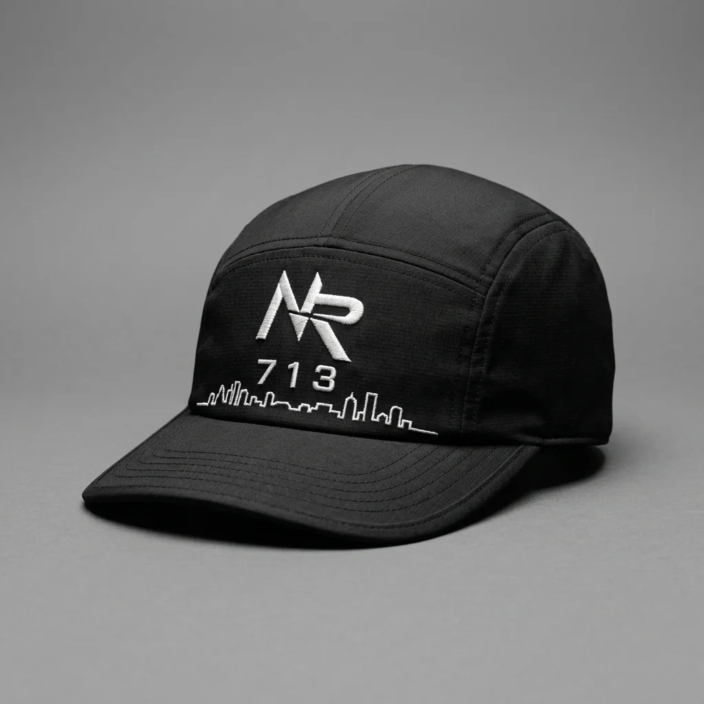 Houston 713 five-panel running hat with the Ninja Run Club mark and Houston skyline stitching