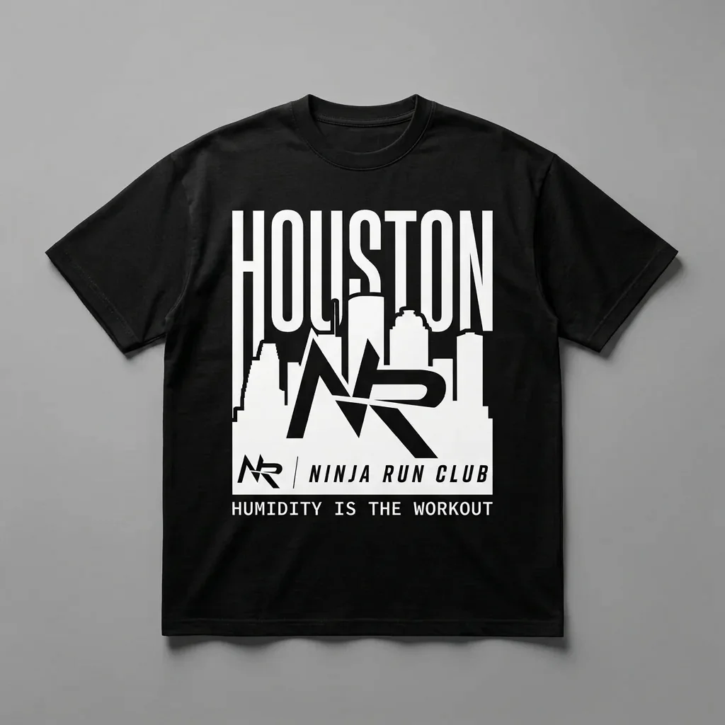 Houston skyline heavyweight graphic t-shirt for runners featuring the Ninja Run Club mark and the Houston skyline